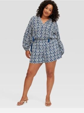 Roller Rabbit Navy Daisy Long Sleeve Tie-Neck Boho Top and Short set Large